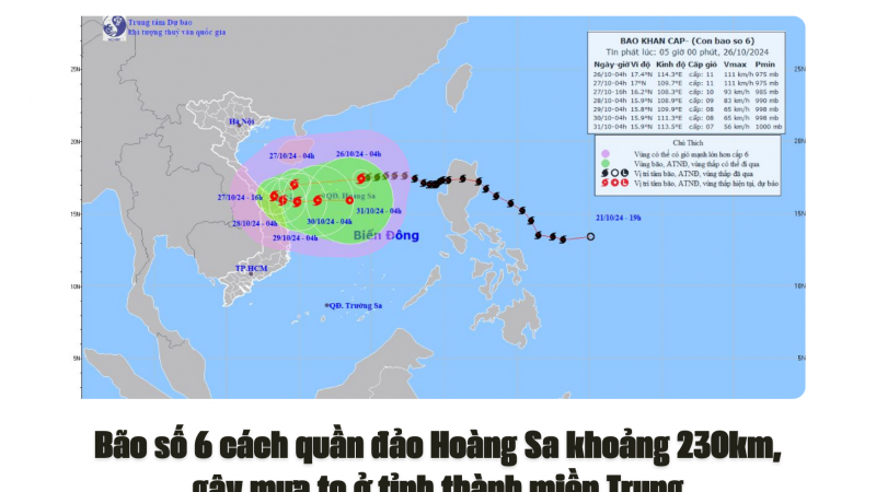 Bão số 6 cách quần đảo Hoàng Sa khoảng 230km, gây mưa to ở tỉnh thành miền Trung